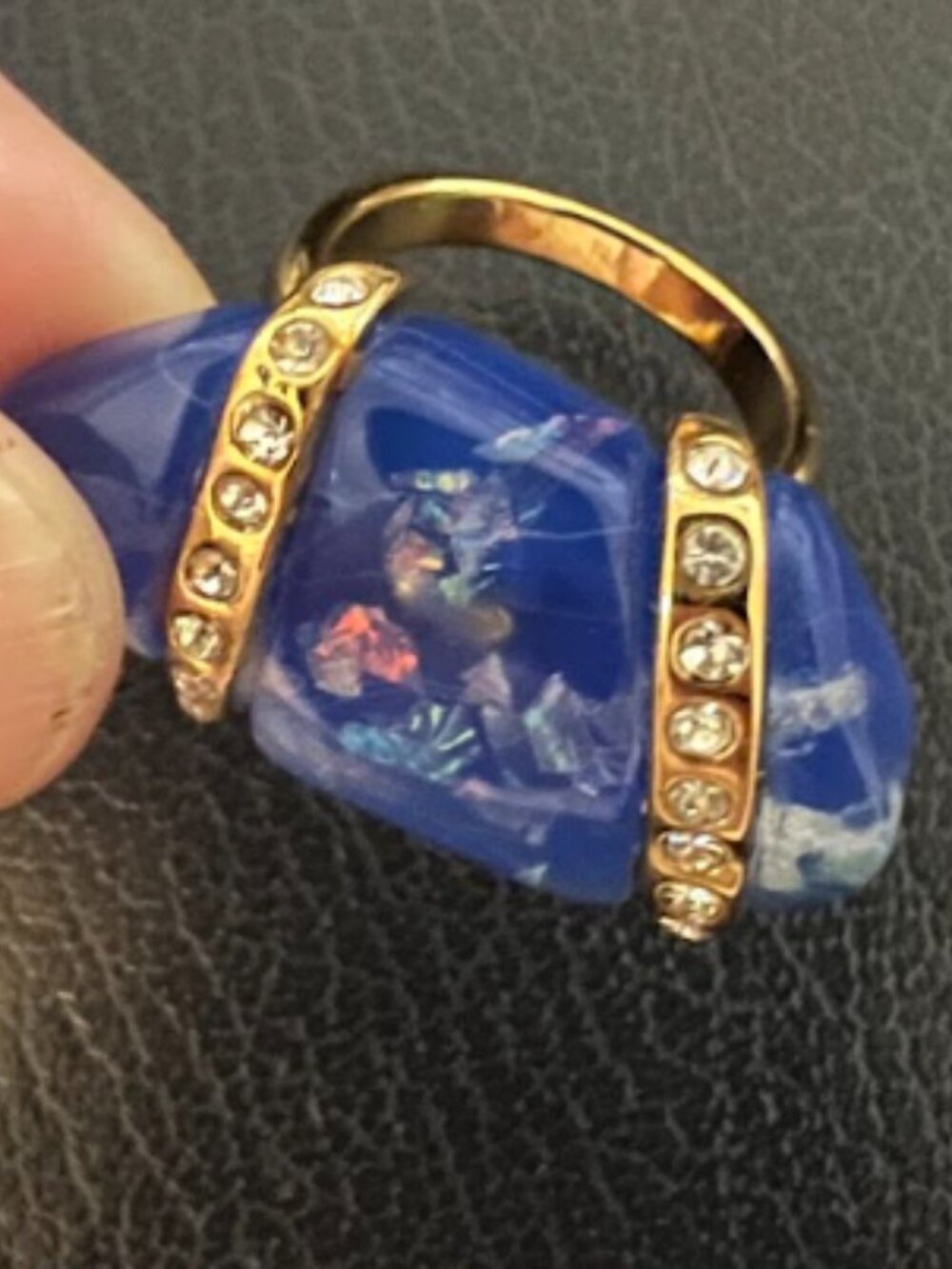 Chunky Blue foil inlay Cocktail Ring with Crystals Contemporary Stunner BOHO "8"